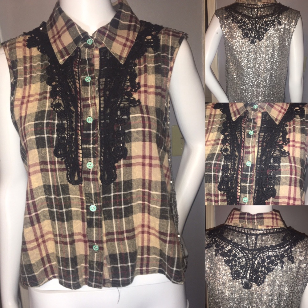 Sleeveless Sequins Plaid Shirt Size M